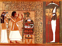 Ани (покойник) делает подношения богу Ра. Фрагмент Египетской книги Мертвых. Папирус Ani. 
