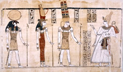Фиванская триада: боги Хонсу, Мут и Амон с фараоном Рамсесом III. Папирус. XX династия.