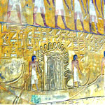 Бог Мехен защищает солнечного бога Хнума. Раскрашенный рельеф из усыпальницы фараона Сети I  в Долине царей.