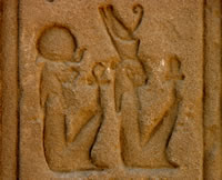 Иероглифы, обозначающие Мут и Сехмет (справа налево).  Были вырезаны на главном входе в храм Мут в Карнаке