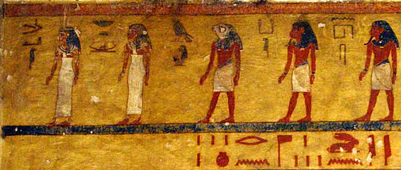 Слева направо: Маат, "Госпожа лодки", Гор, Ка Шу и Нехес. Могила фараона Ау.