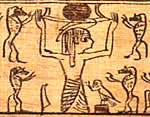 Еще одно изображение Нуна, поднимающего солнечную лодку. Папирус Kerqun. Период Птолемеев. Британский музей
