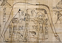 Нут, богиня неба у египтян, оторванная от мужа Геба своим отцом Шу. Виньетка из Книги Мертвых Nesitanebtashru, папирус Greenfield. XXI династия. Британский музей 