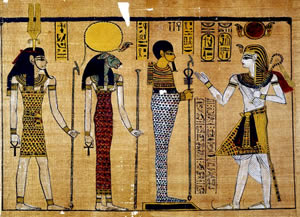 Справа налево: Фараон Рамсес III  и триада богов Мемфиса - Птах, Сехмет и Нефертум. Папирус (фрагмент "Большого папируса Харрис"). XX динаcтия. Ок. 1150 г. до н.э. Британский музей