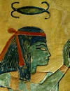 Нейт с шаттлом - инструментом для  прядения. Фрагмент росписи из могилы принца Камозе. Эпоха Нового царства, XI в. до н.э. 