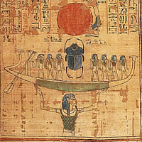 Нун, держащий солнечную лодку Ра (Ра - в виде скарабея). Папирус Anhai. XX династия. Британский музей.