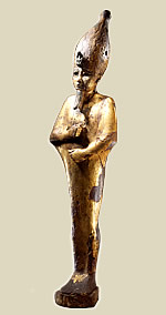 Деревянная позолоченная статуэтка владыки загробного царства. Высота статуэтки - 57,15 см.  Эпоха Нового царства (1550-1070 до н.э). Художественный музей, Лос-Анджелес, США 