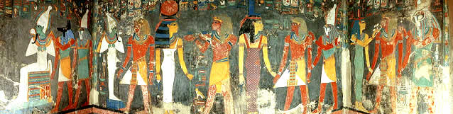 Египетские боги и фараон Хоремхеб. Настенная роспись из могилы Хоремхеба (1327-1295 гг. до н.э) - последнего фараона XVIII династии. Долина королей. Могила KV.57