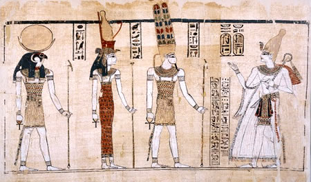 Папирус с изображением важнейших фиванских богов (триады) периода XX династии: Осириса, его жены Исиды и их сына Гора
