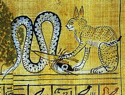 Ра в облике кошки отрезает голову Апопу. XIX династия. Ок. 1280 г. до н.э. Фрагмент из Книги мертвых.